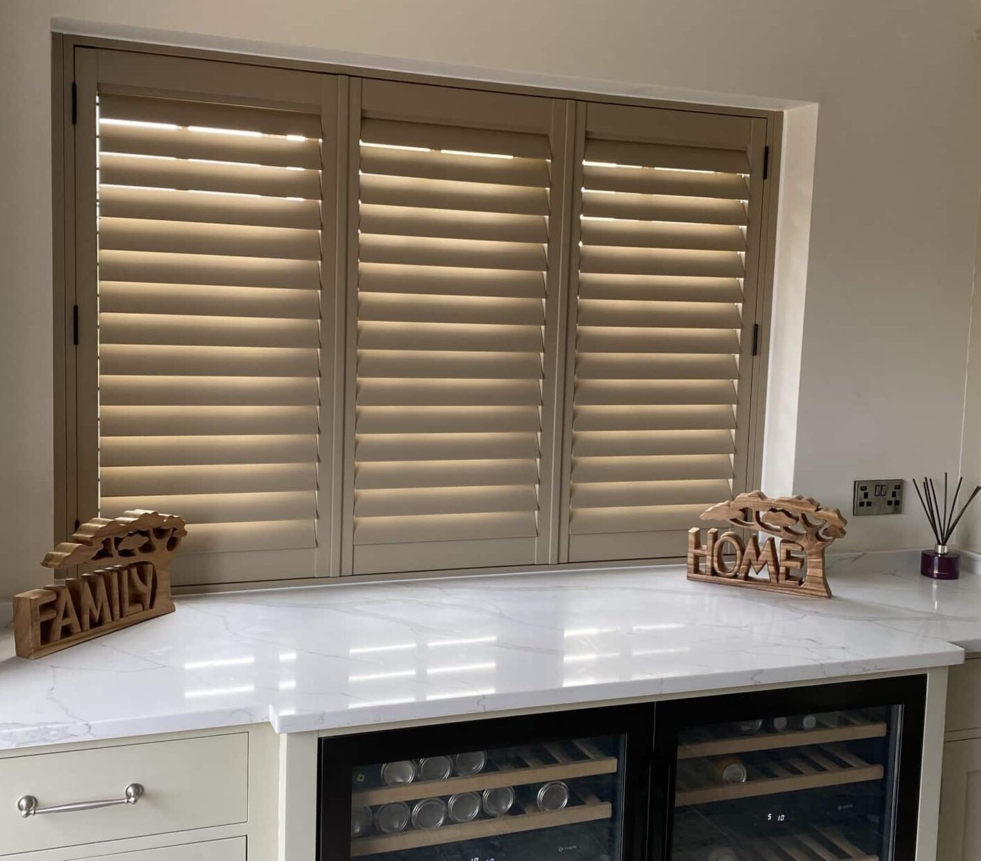 London Stone Farrow and Ball shutters installed in a Staffordshire kitchen
