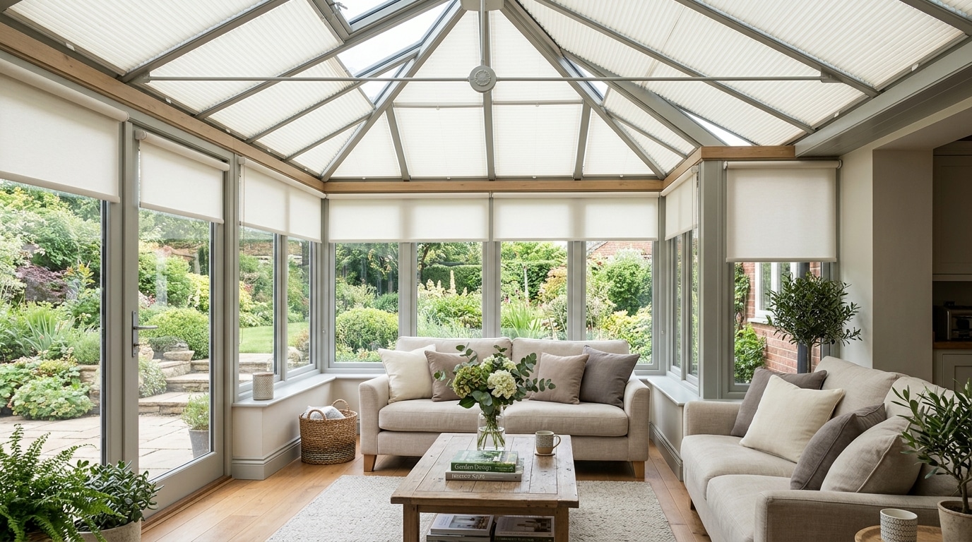 Bright conservatory with elegant blinds fitted to glass windows and roof