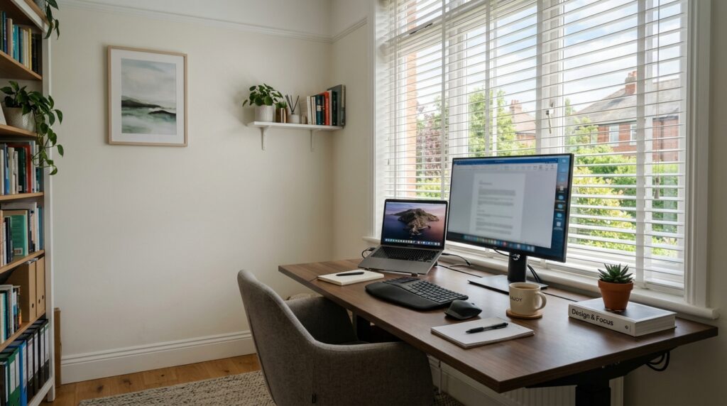 Bright home office with blinds reducing glare on a desk and computer screen