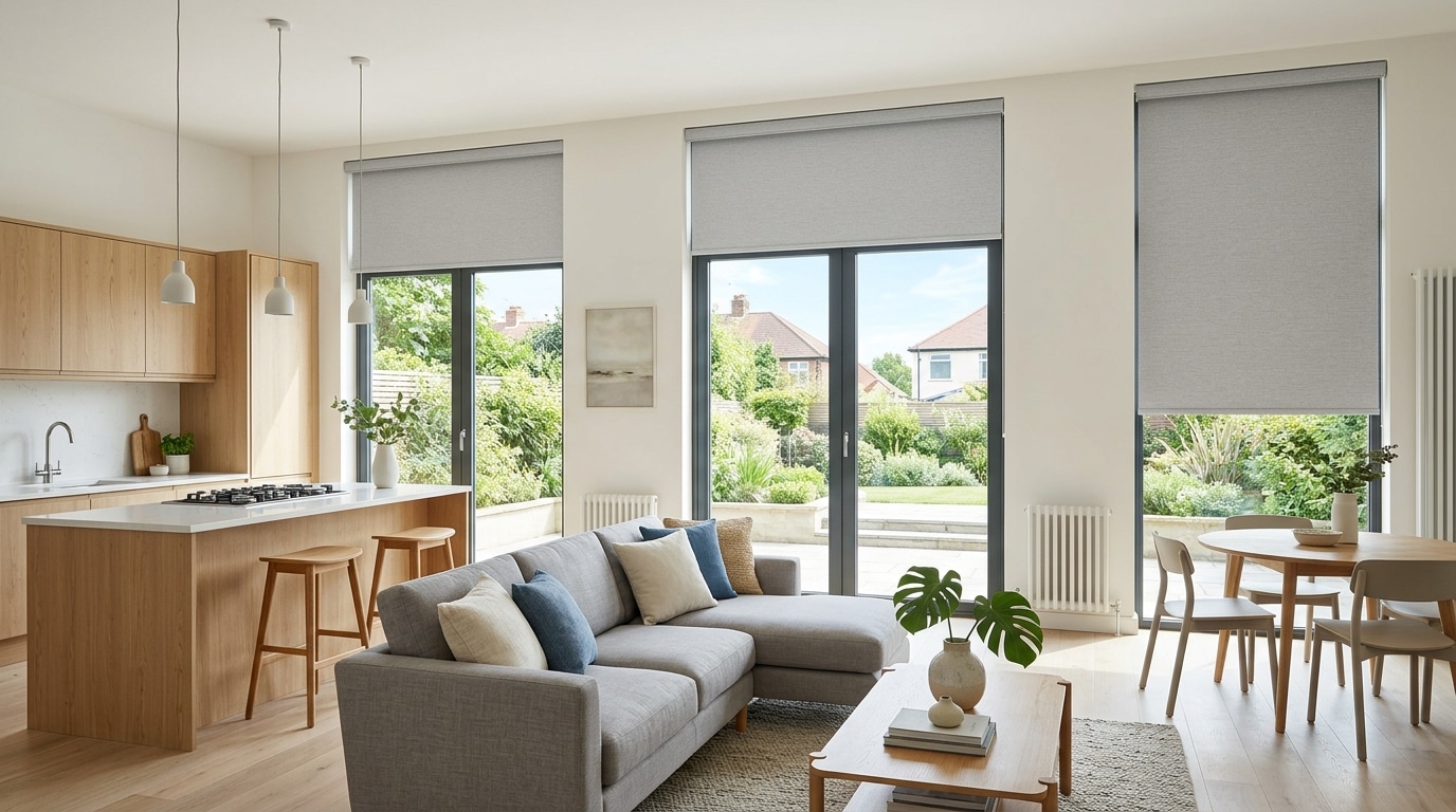 Modern new build home interior with freshly fitted window blinds