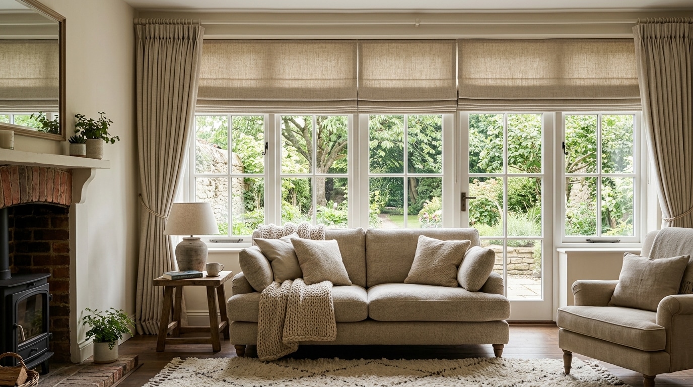 Cosy living room with soft fabric blinds helping create a quieter comfortable space