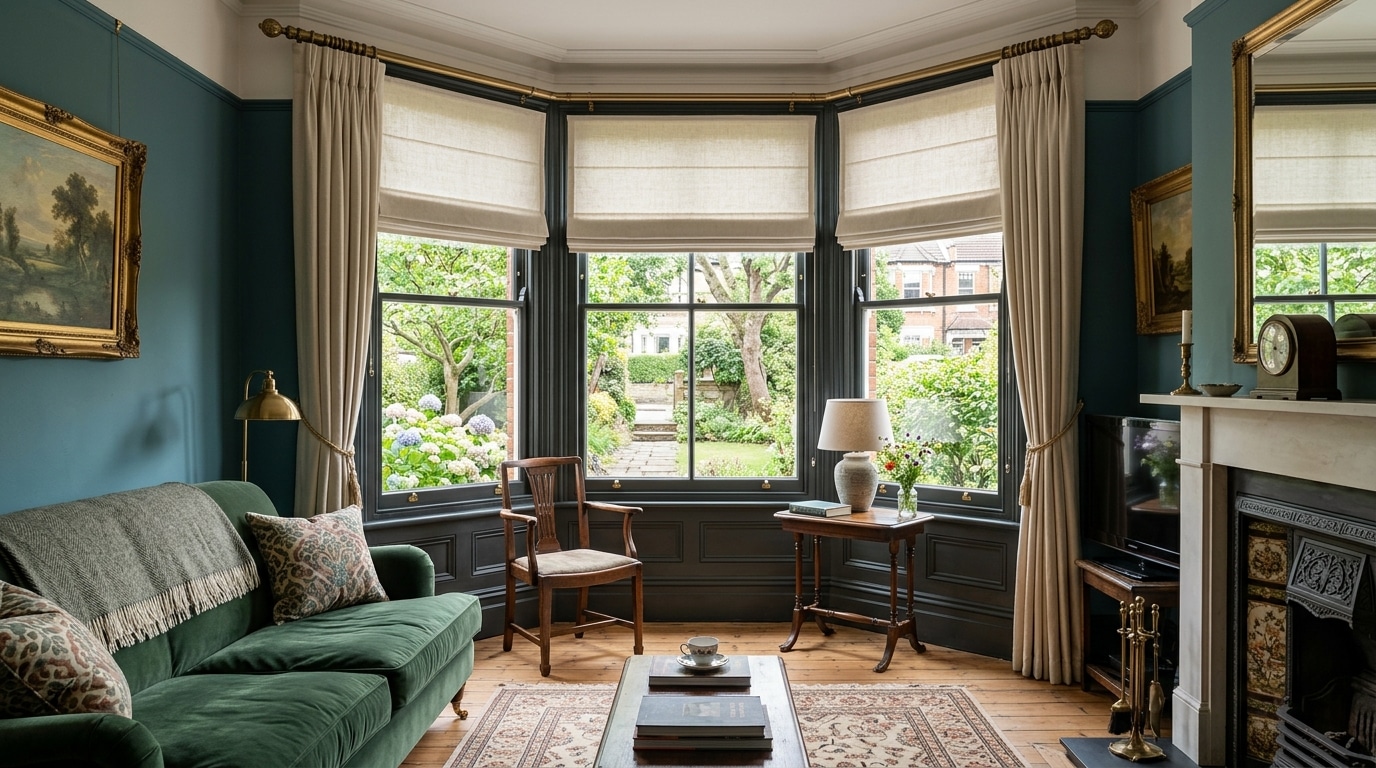 Victorian bay window with sympathetic blinds in a traditional British living room
