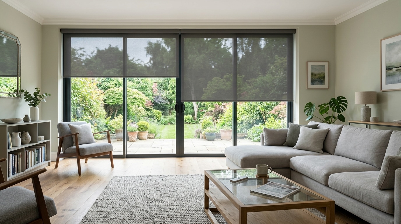 Modern living room with motorised smart blinds and a discreet remote control