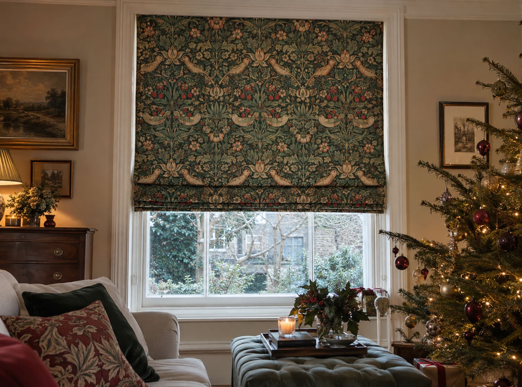 A beautifully dressed window in a Christmas living room